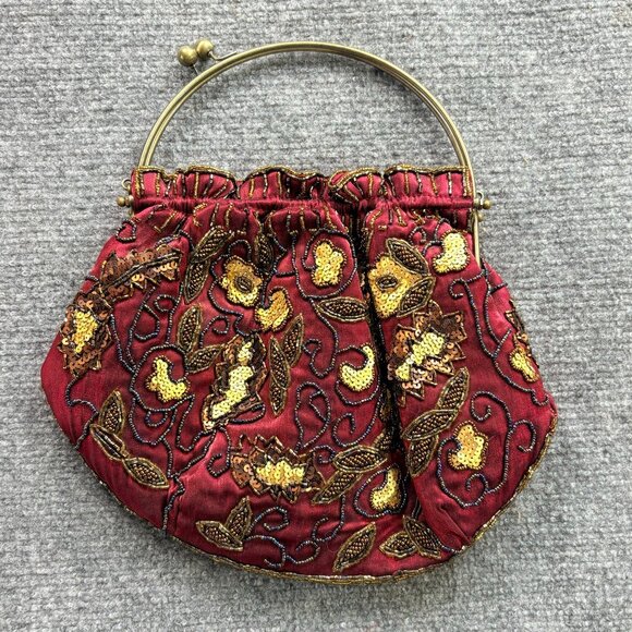 VTG Red Sequin Beaded Purse Metal Handle Kisslock Fairycore Steampunk Artsy boho - Picture 8 of 16